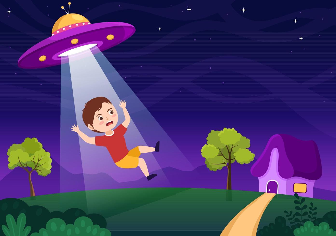 nave espacial voladora ovni con platillo volador sobre el cielo de la ciudad secuestra a niños o animales en dibujos animados planos dibujados a mano ilustración de plantillas vector