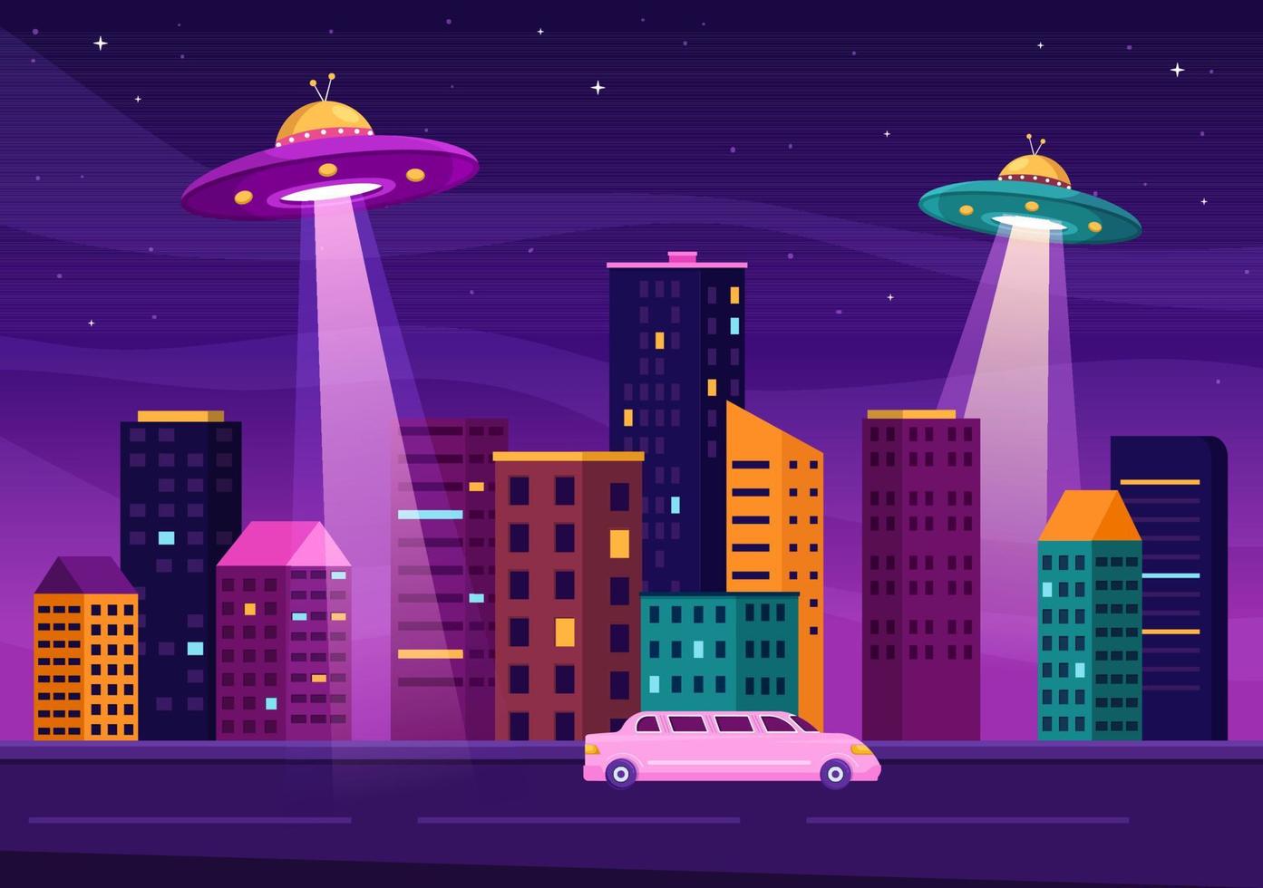 nave espacial voladora ovni con rayos de luz en el cielo vista nocturna de la ciudad y extraterrestre en ilustración de plantillas dibujadas a mano de dibujos animados planos vector