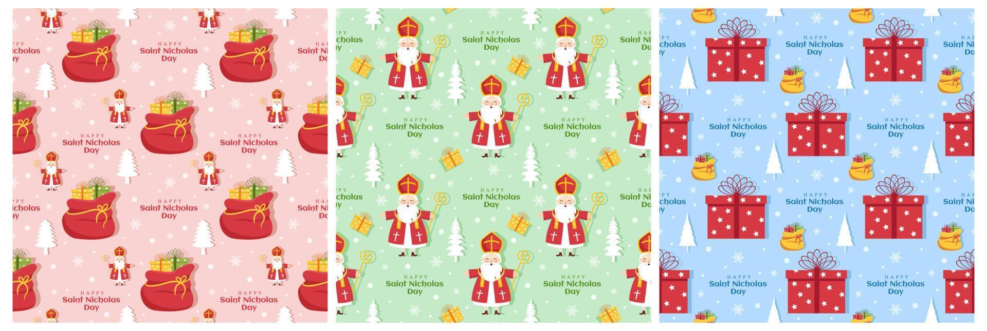 Set of Saint Nicholas Day or Sinterklaas Seamless Pattern with Gift Box and Winter Template Background Hand Drawn Cartoon Flat Illustration vector