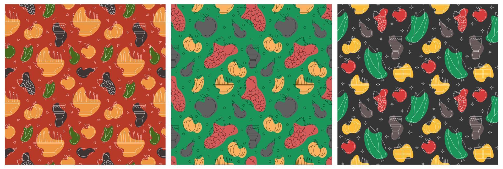 Set of Happy Kwanzaa Holiday African Seamless Pattern Design with Festival Style Element on Template Hand Drawn Cartoon Flat Illustration vector