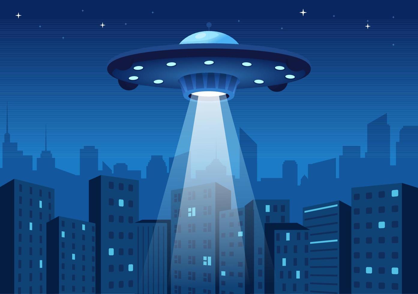 nave espacial voladora ovni con rayos de luz en el cielo vista nocturna de la ciudad y extraterrestre en ilustración de plantillas dibujadas a mano de dibujos animados planos vector