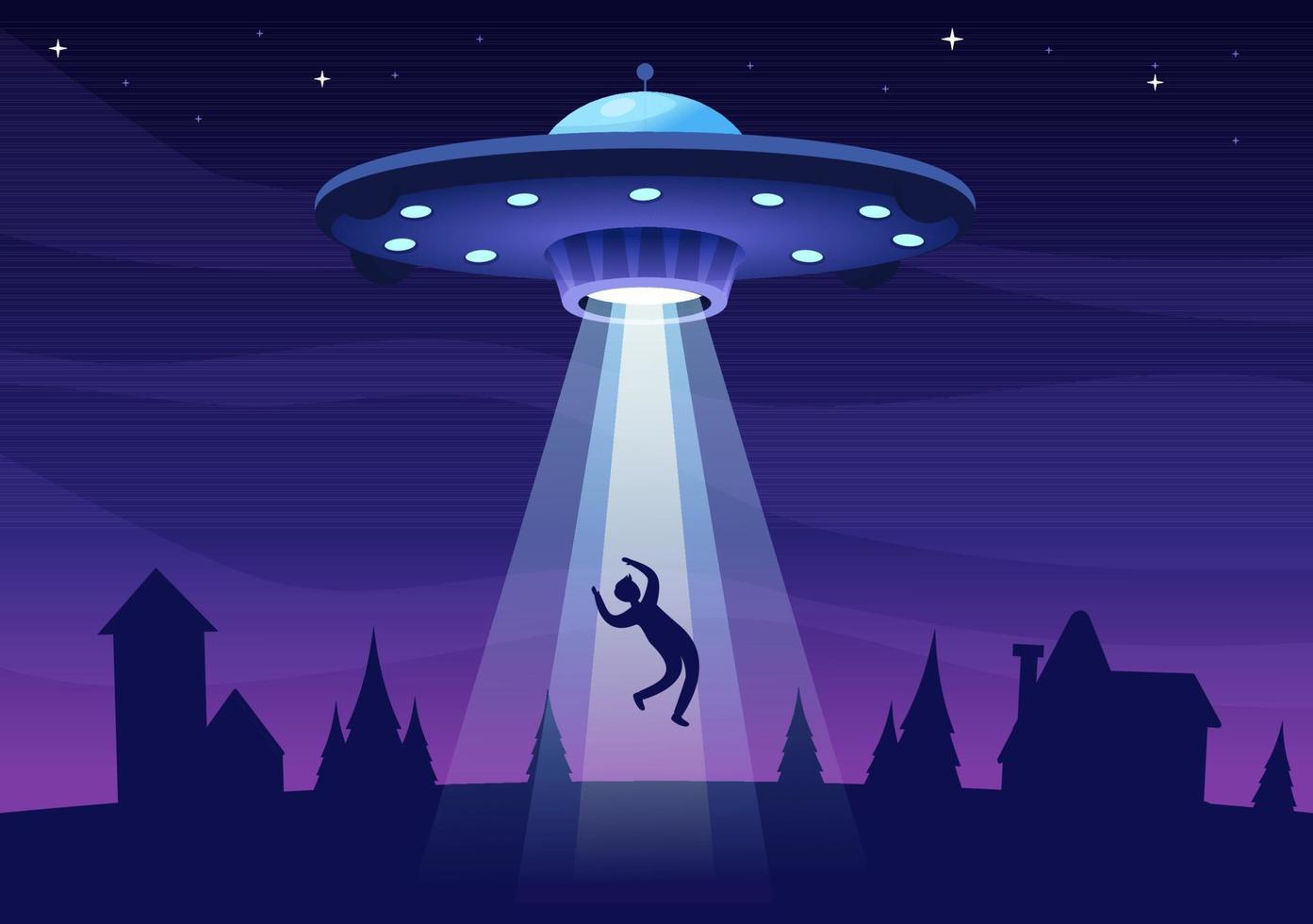 UFO Flying Spaceship with Flying Saucer Over the City Sky Abducts Human or Animals in Flat Cartoon Hand Drawn Templates Illustration vector