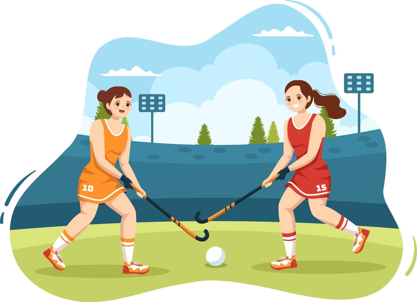 deporte de jugador de hockey con casco, palo, disco y patines en campo verde para juego o campeonato en dibujos animados planos dibujados a mano ilustración de plantillas vector