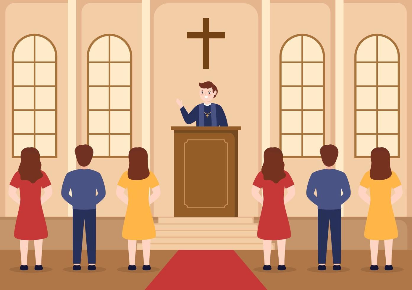 Pastor Giving a Sermon of God in Cassock at a Catholic Church from Pulpit and Baptism in Flat Cartoon Hand Drawn Templates Illustration vector