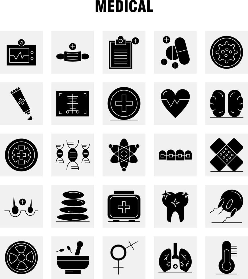 Medical Solid Glyph Icons Set For Infographics Mobile UXUI Kit And Print Design Include Hospital Medical Scanner Statistic Stone Spa Health Mask Eps 10 Vector