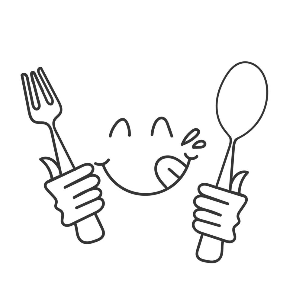 hand drawn doodle yummy face smiley icon delicious holding fork and spoon illustration vector