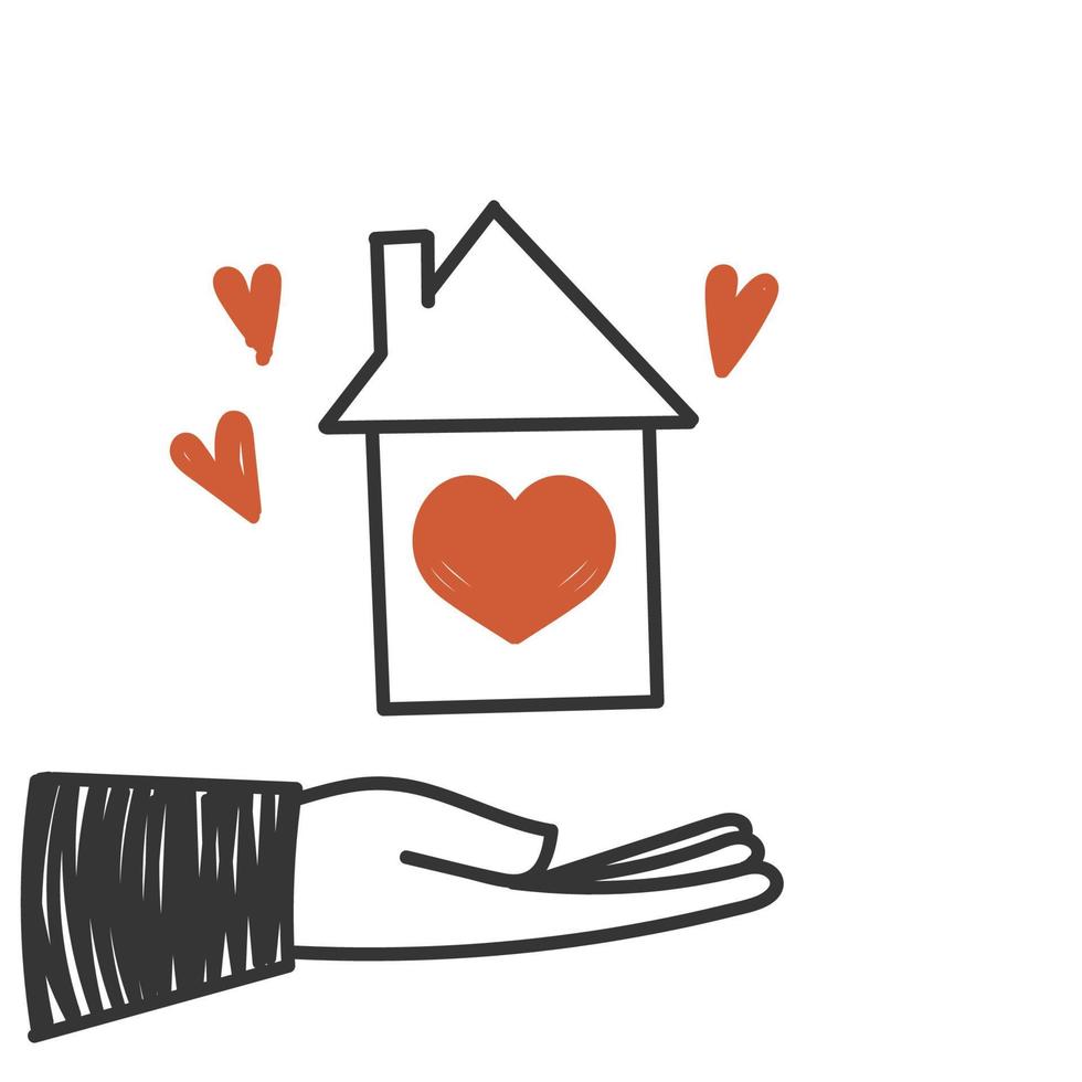 dibujado a mano doodle manos sosteniendo casa con ilustración de icono de corazón vector