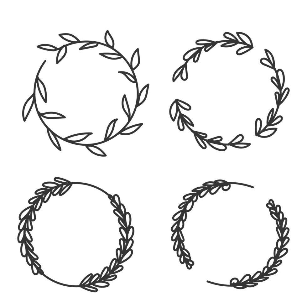 hand drawn doodle black laurels wreath frames branches with circle borders illustration vector