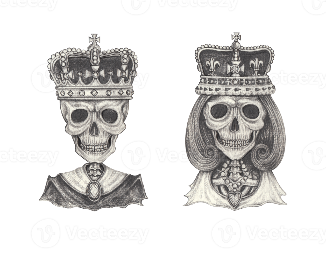 Art couple wedding king and queen skulls. Hand drawing on paper. png