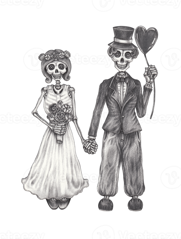 Art couple in love wedding skulls. Hand drawing on paper. png