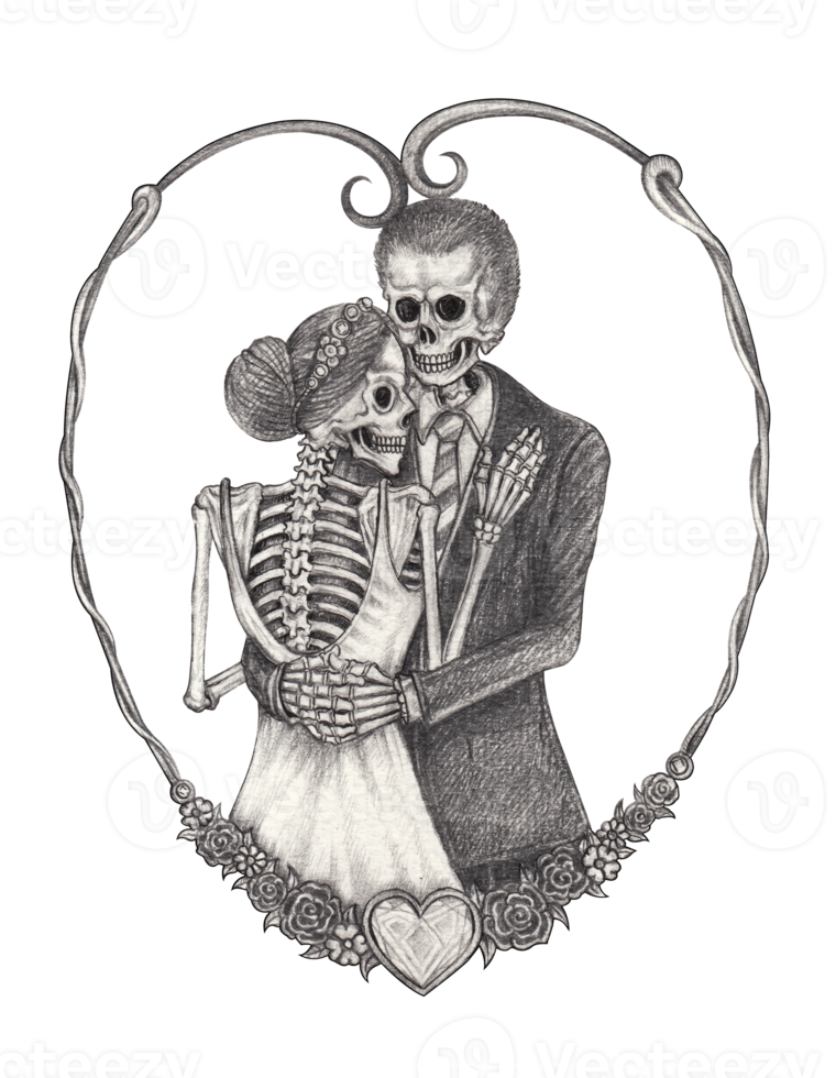 Art fancy couple wedding skulls. Hand drawing on paper. png