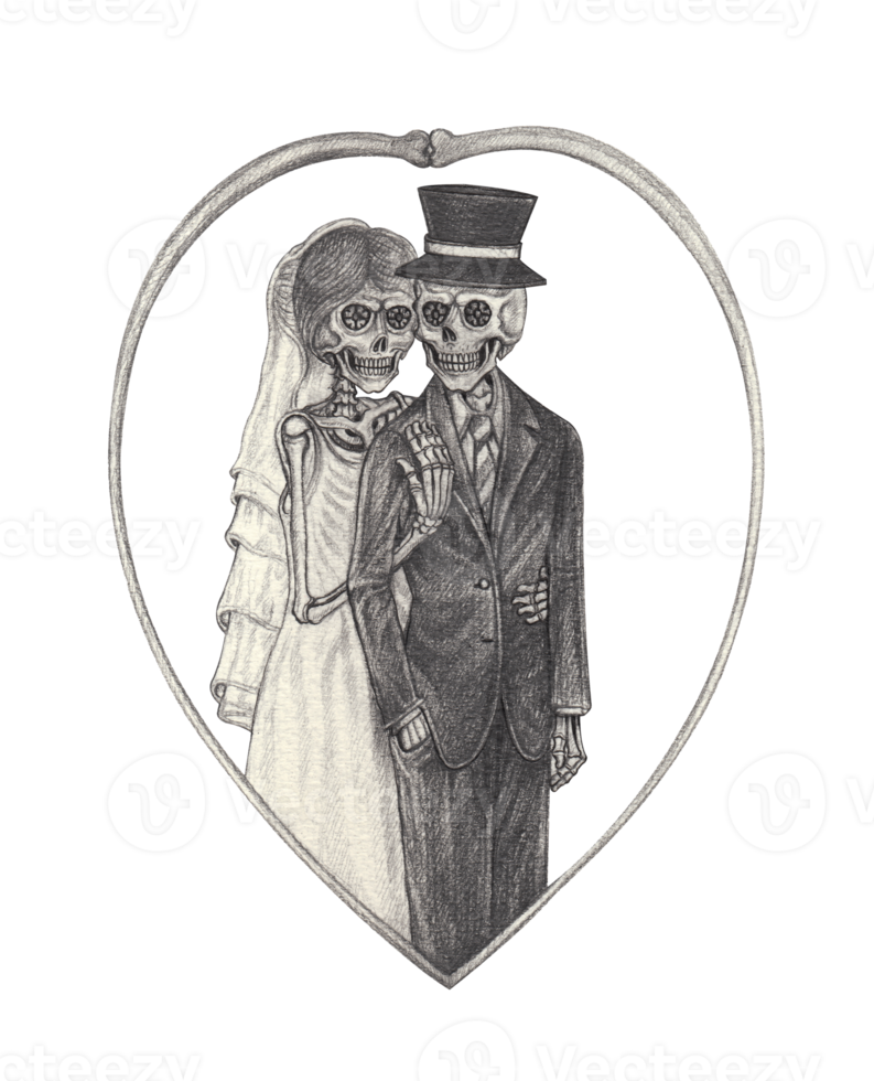 Art couple in love wedding skulls. Hand drawing on paper. png