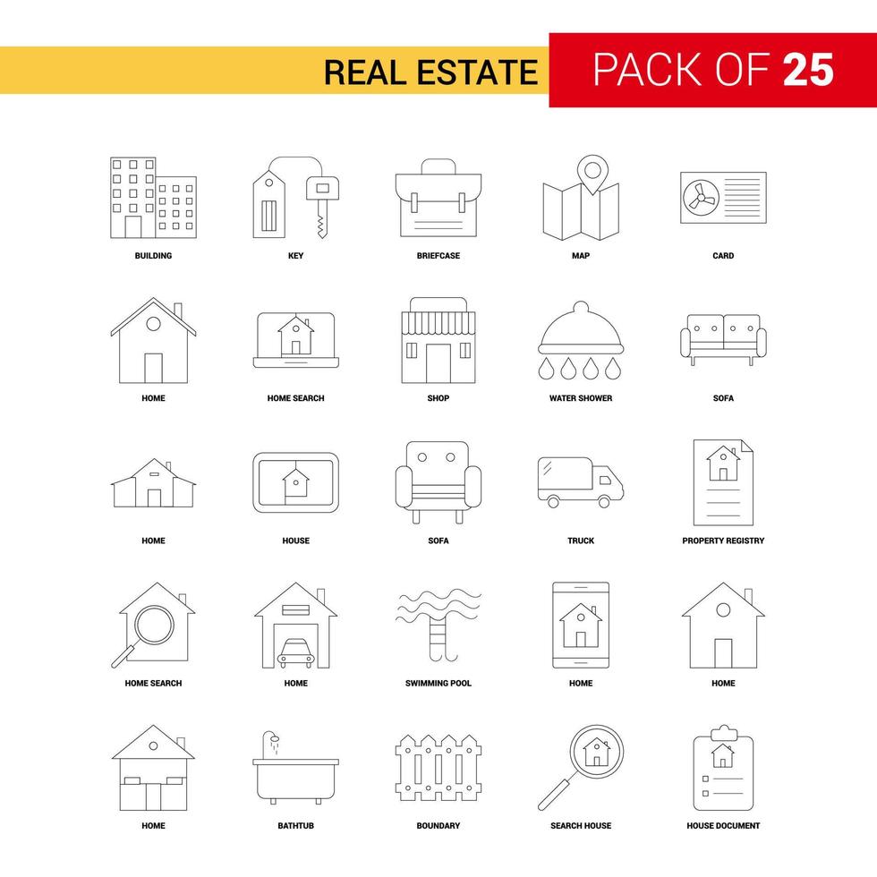 icono de línea negra de bienes raíces 25 conjunto de iconos de esquema de negocios vector