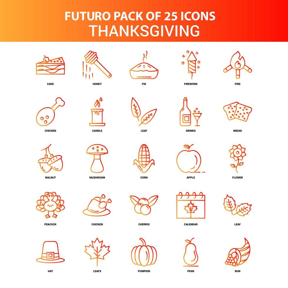 naranja futuro 25 conjunto de iconos de acción de gracias vector