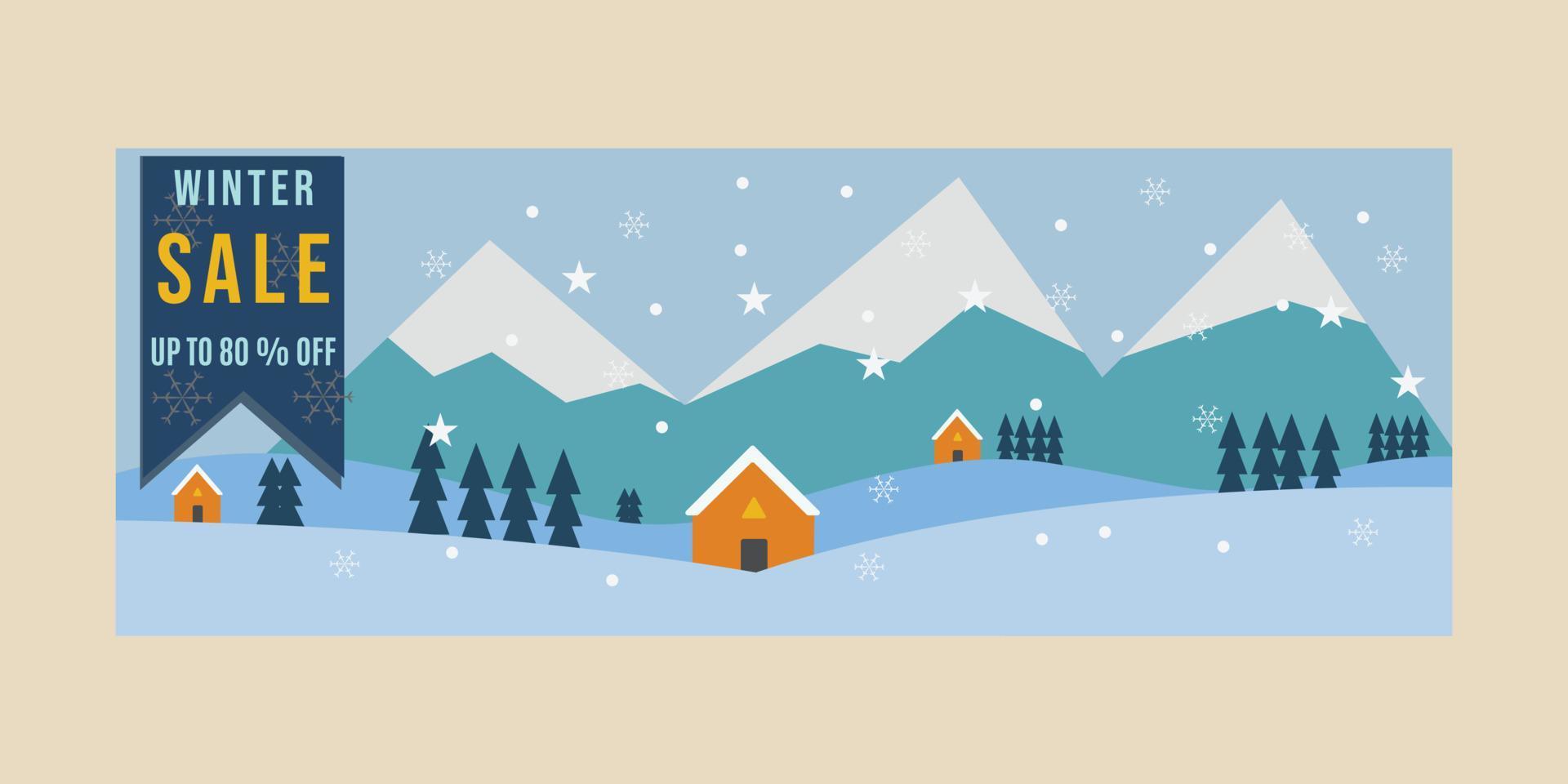winter sale mountain cabin vintage poster, snow background illustration design vector