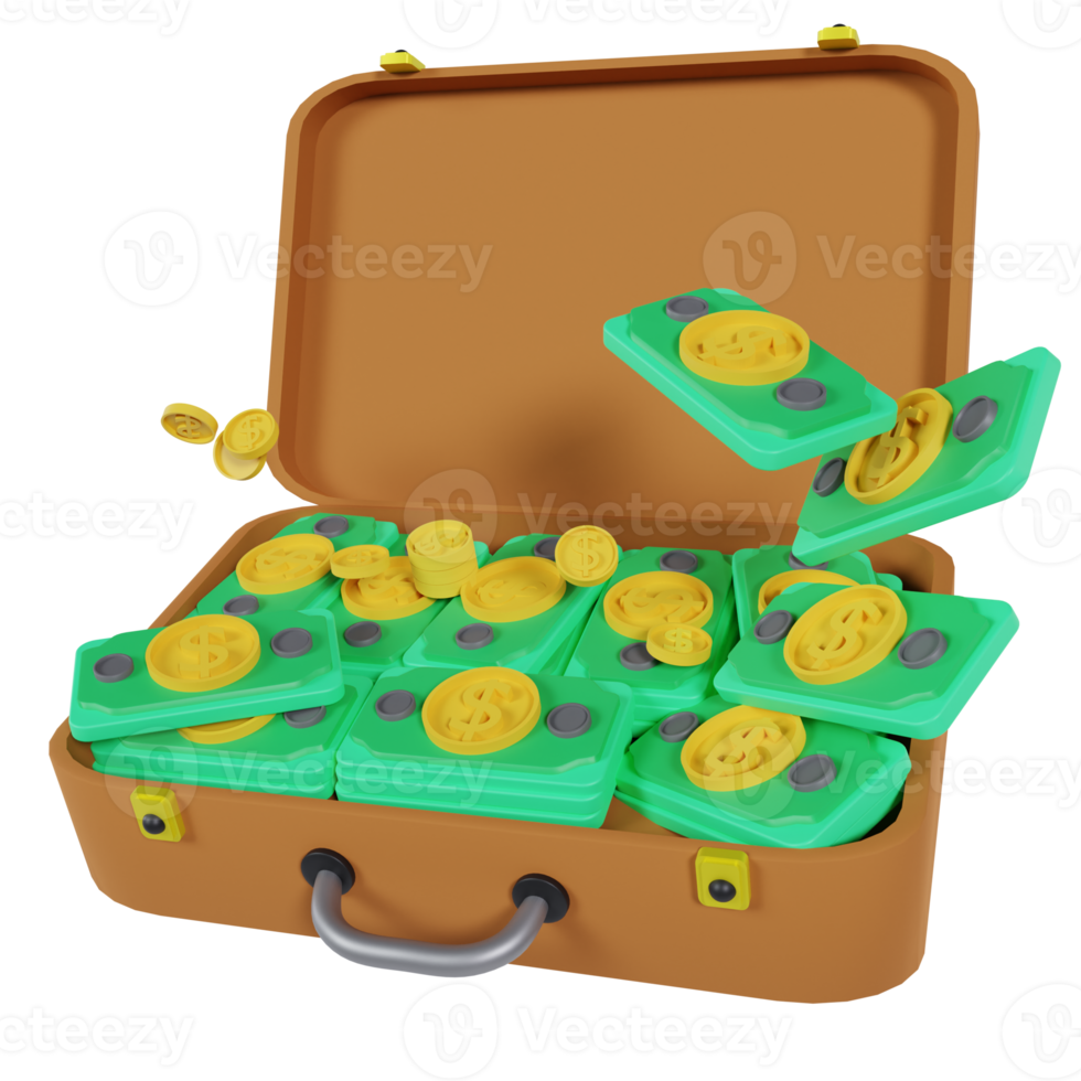 aktenkoffer geld, koffer mit geld 3d illustration png