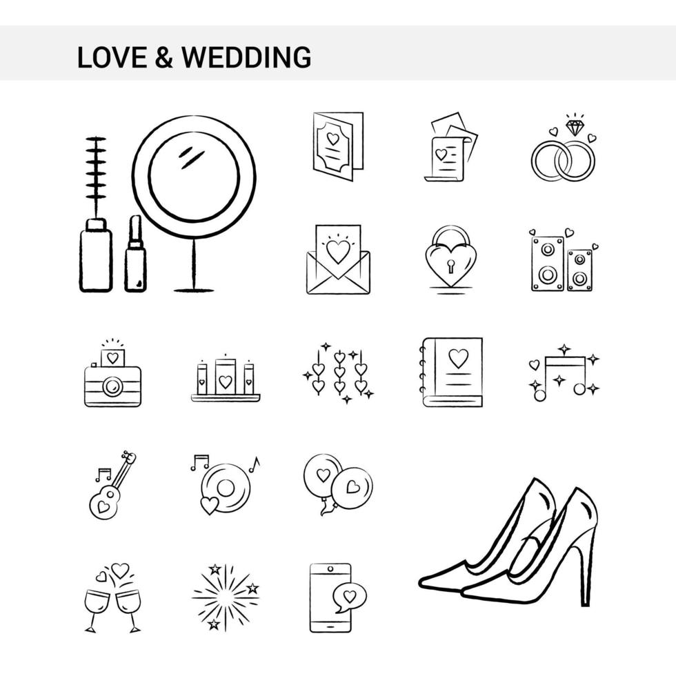 estilo de conjunto de iconos dibujados a mano de amor y boda aislado en vector de fondo blanco