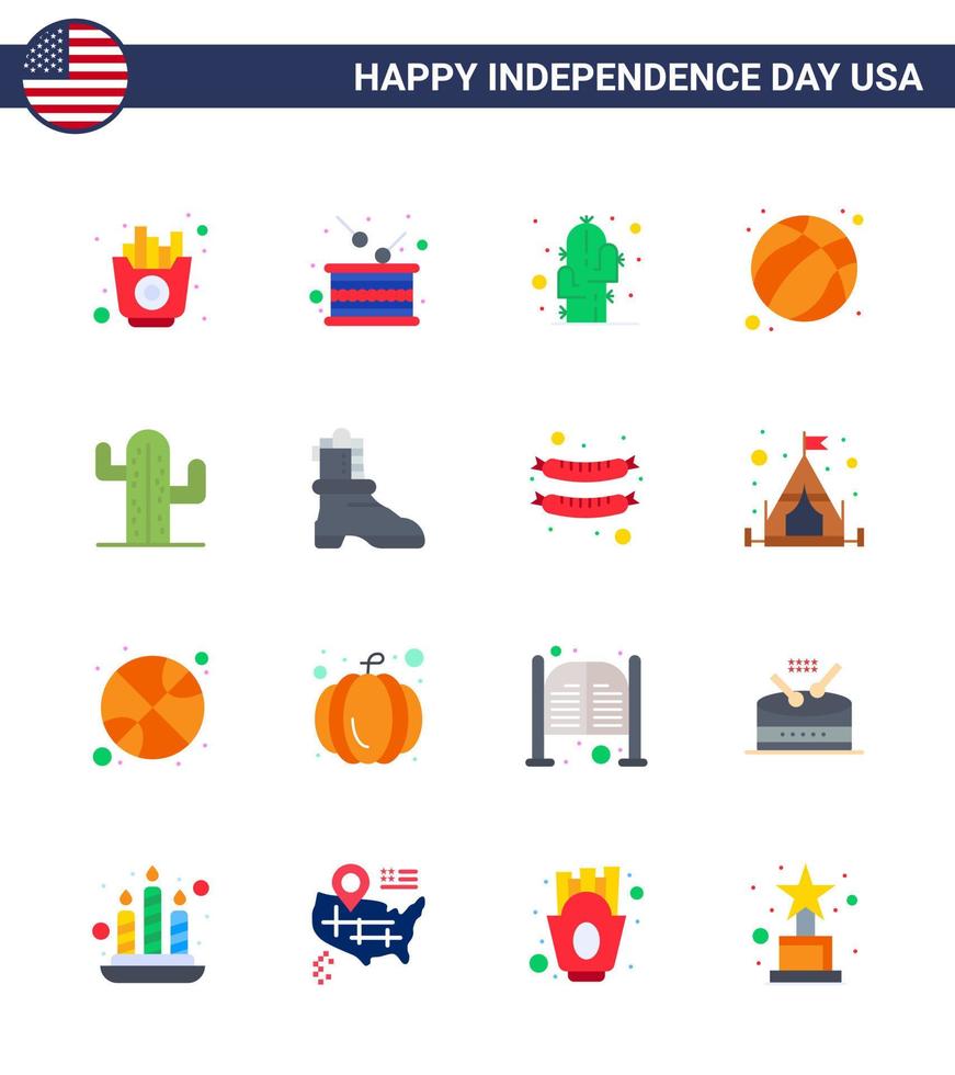 Set of 16 Modern Flats pack on USA Independence Day cactus football independence ball desert Editable USA Day Vector Design Elements