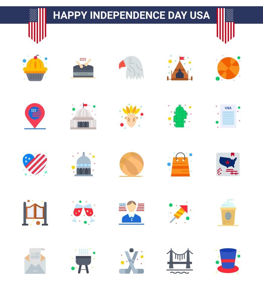 USA Happy Independence DayPictogram Set of 25 Simple Flats of sports basketball animal tent camp Editable USA Day Vector Design Elements