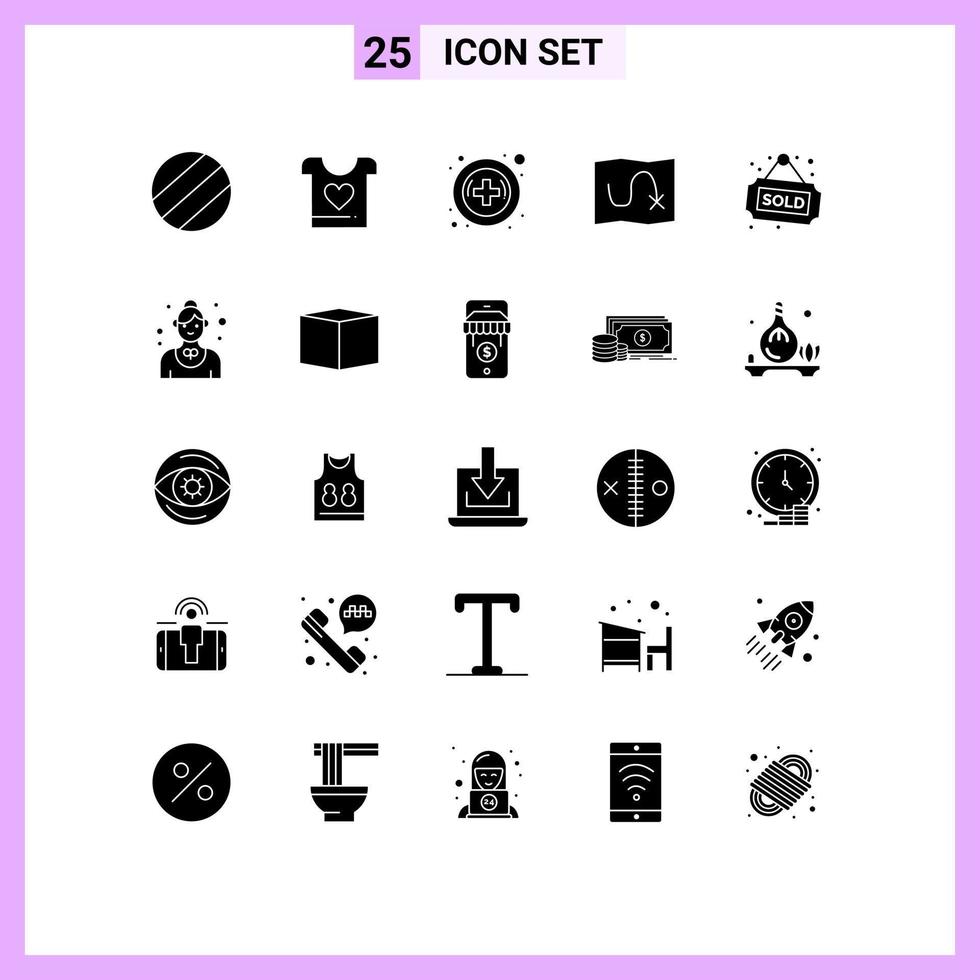 Mobile Interface Solid Glyph Set of 25 Pictograms of restaurant catering map sold house Editable Vector Design Elements