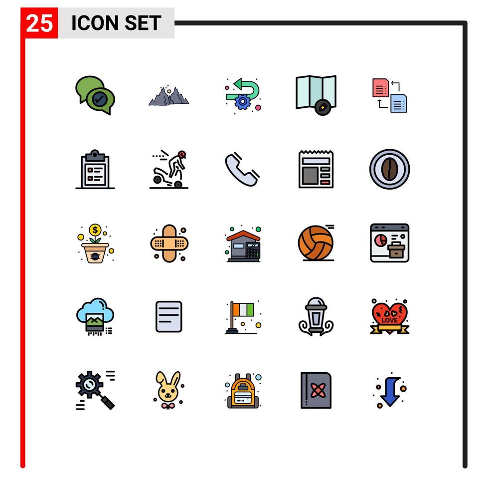 Group of 25 Filled line Flat Colors Signs and Symbols for share data sun map process Editable Vector Design Elements