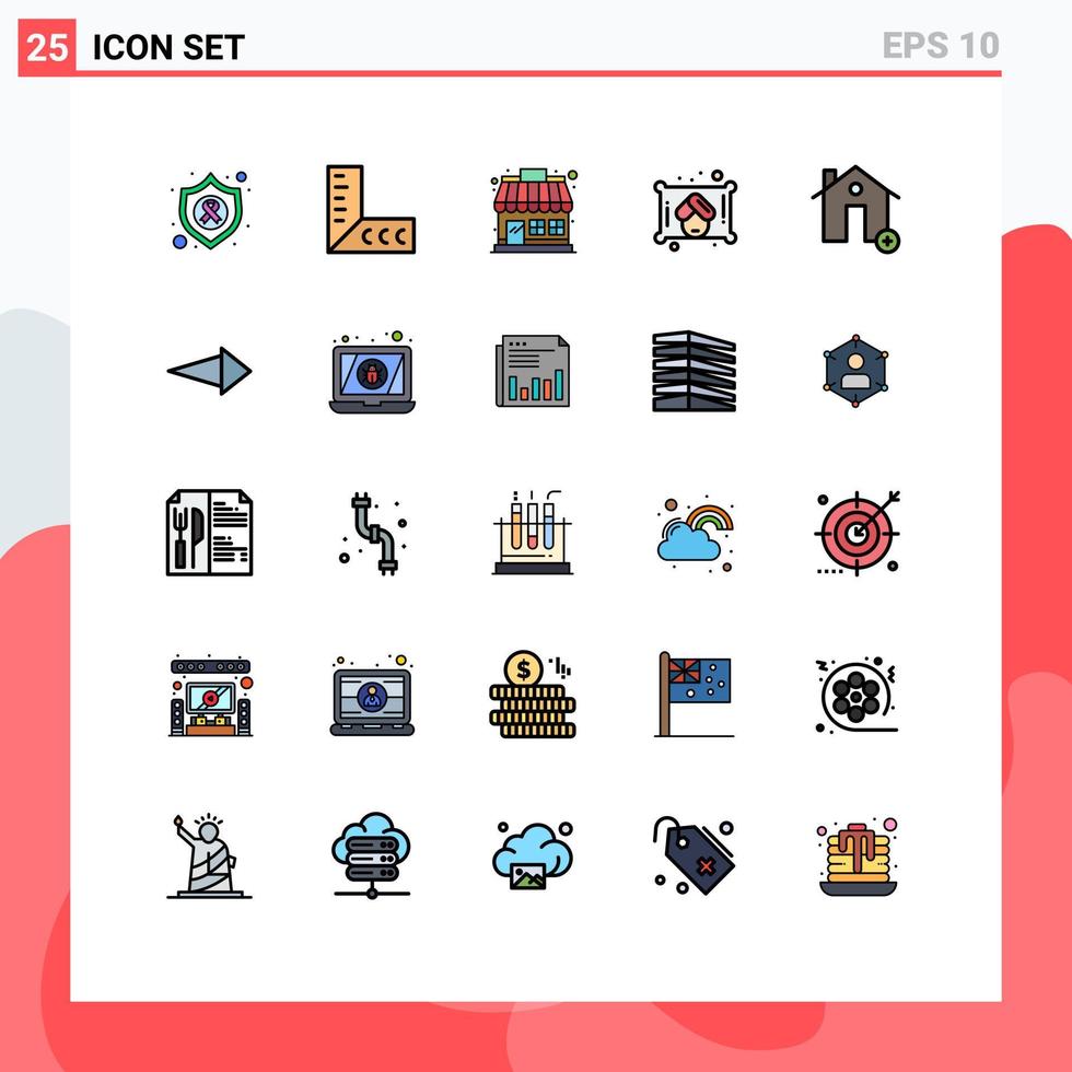 paquete de 25 modernos signos y símbolos de colores planos de línea rellena para medios de impresión web, como edificios de casas, tiendas de mercado, agregar toallas, elementos de diseño vectorial editables vector