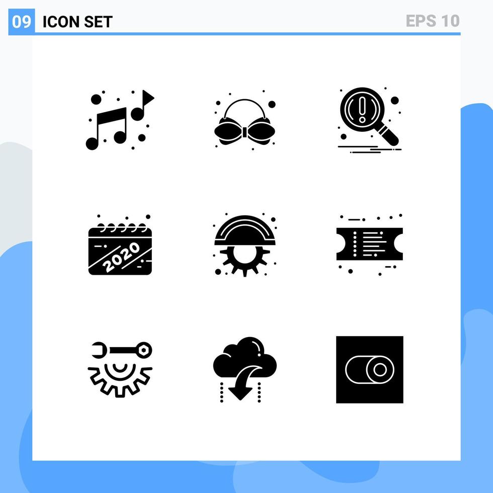 Pack of 9 creative Solid Glyphs of gear cutter notification blades year Editable Vector Design Elements