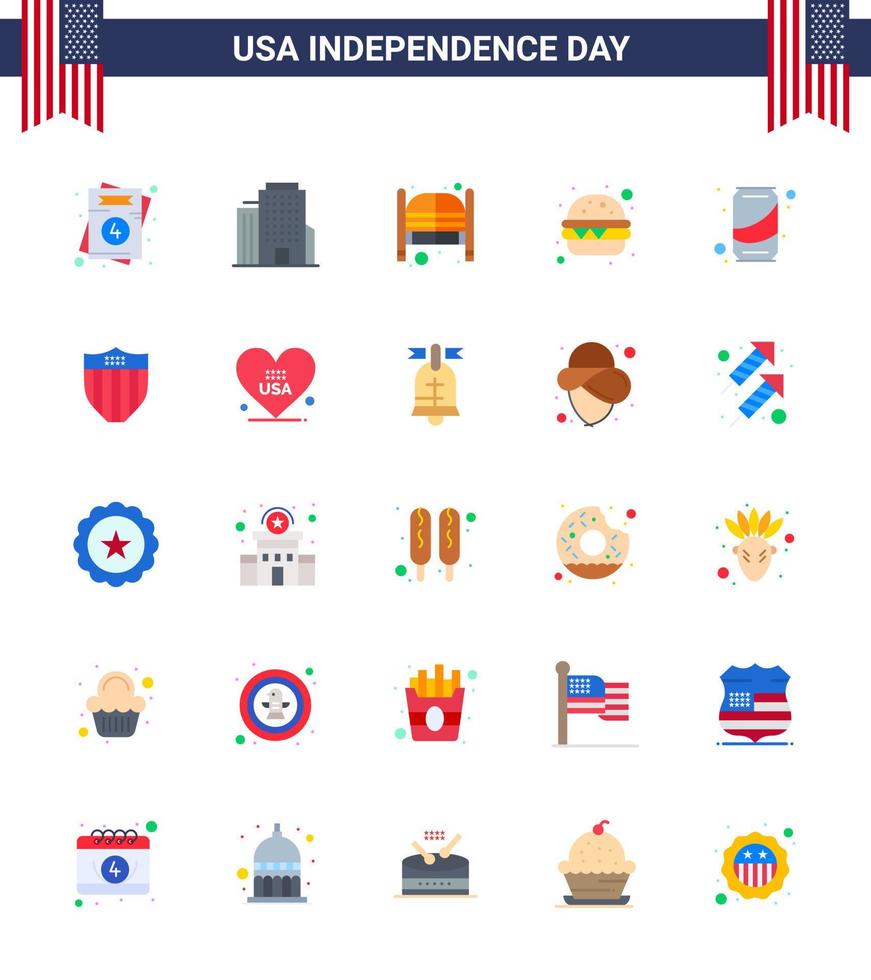 conjunto de 25 paquetes de pisos modernos en el día de la independencia de estados unidos puertas de cerveza de soda hamburguesa de comida elementos de diseño vectorial editables del día de estados unidos vector