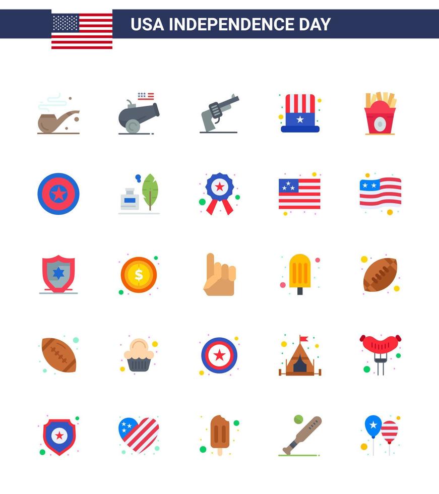 Modern Set of 25 Flats and symbols on USA Independence Day such as food frise hand usa cap Editable USA Day Vector Design Elements