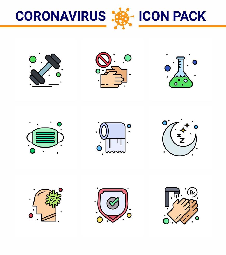 9 Filled Line Flat Color Corona Virus pandemic vector illustrations safety mask shake hand face science viral coronavirus 2019nov disease Vector Design Elements