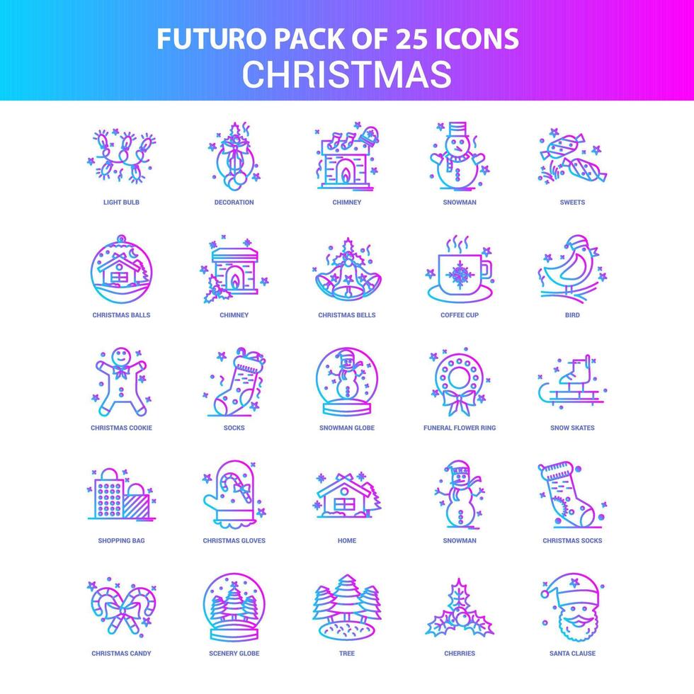 25 paquete de iconos de navidad futuro azul y rosa vector