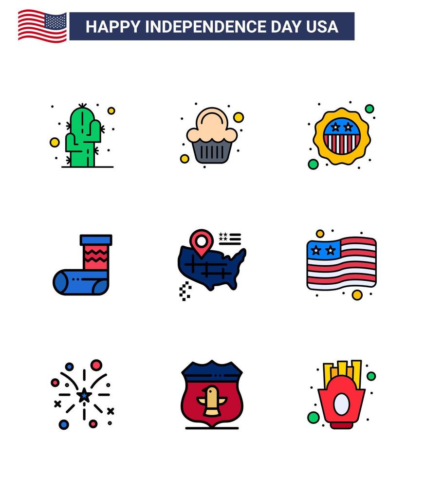 Set of 9 Modern Flat Filled Lines pack on USA Independence Day map gift american festivity celebration Editable USA Day Vector Design Elements