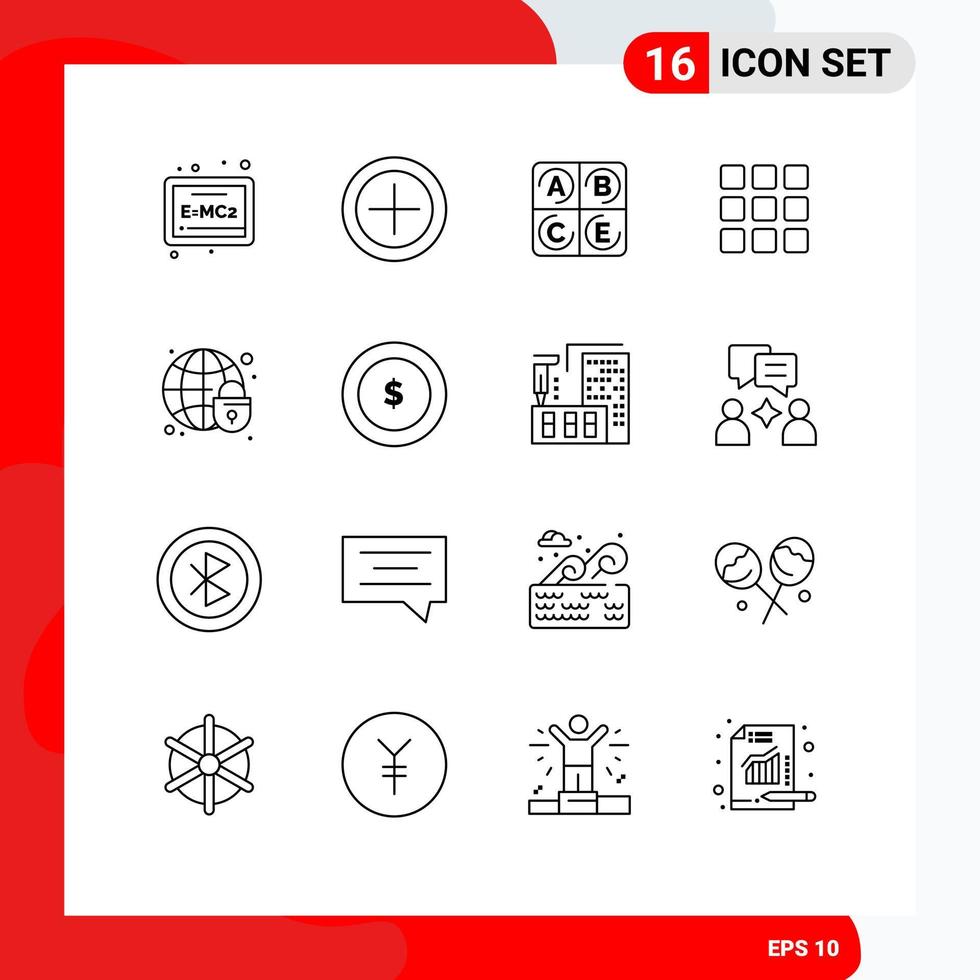 Pack of 16 creative Outlines of coin globe lock health globe squares Editable Vector Design Elements