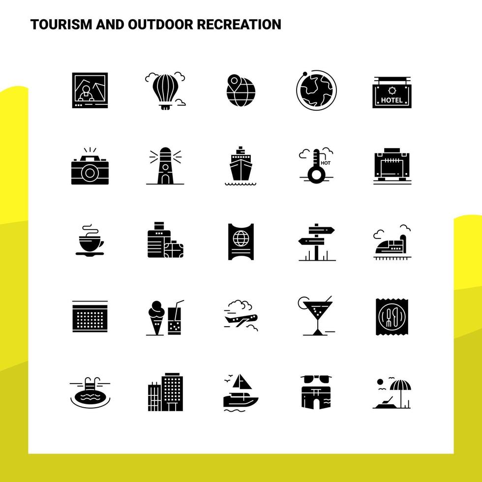 25 conjunto de iconos de turismo y recreación al aire libre plantilla de ilustración de vector de icono de glifo sólido para ideas web y móviles para empresa comercial