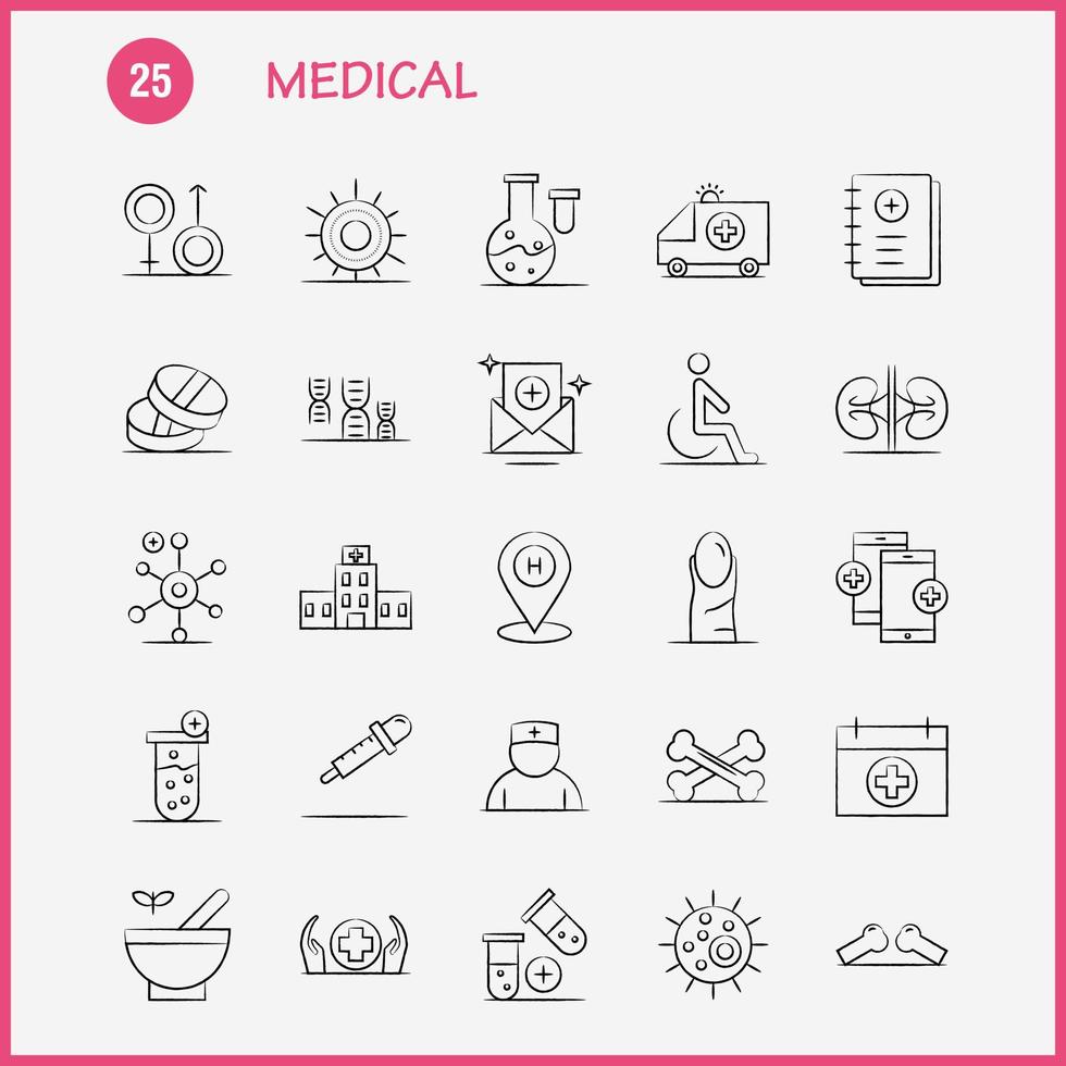 los iconos médicos dibujados a mano establecidos para infografías kit uxui móvil y diseño de impresión incluyen vendaje yeso atención médica termómetro colección de temperatura de calor moderno logotipo infográfico y foto vector