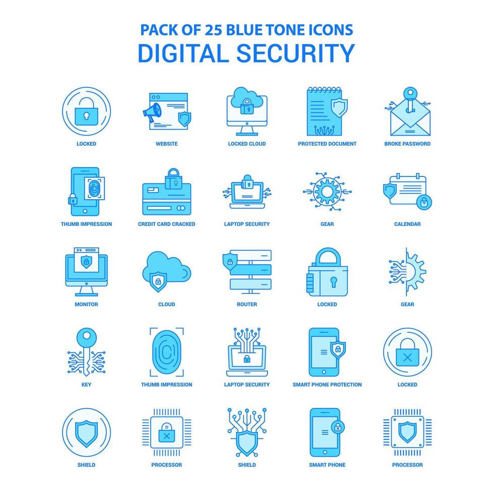 paquete de iconos de tono azul de seguridad digital 25 conjuntos de iconos vector