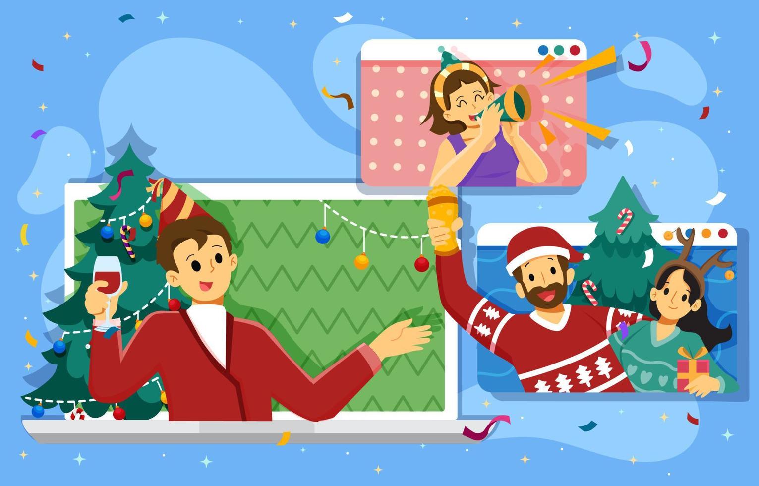 gente celebrando la navidad con video online vector