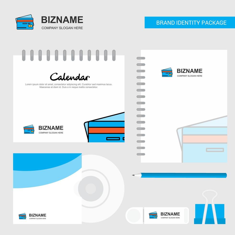 plantilla de calendario de logotipo de tarjeta de crédito diario de portada de cd y plantilla de vector de diseño de paquete estacionario de marca usb