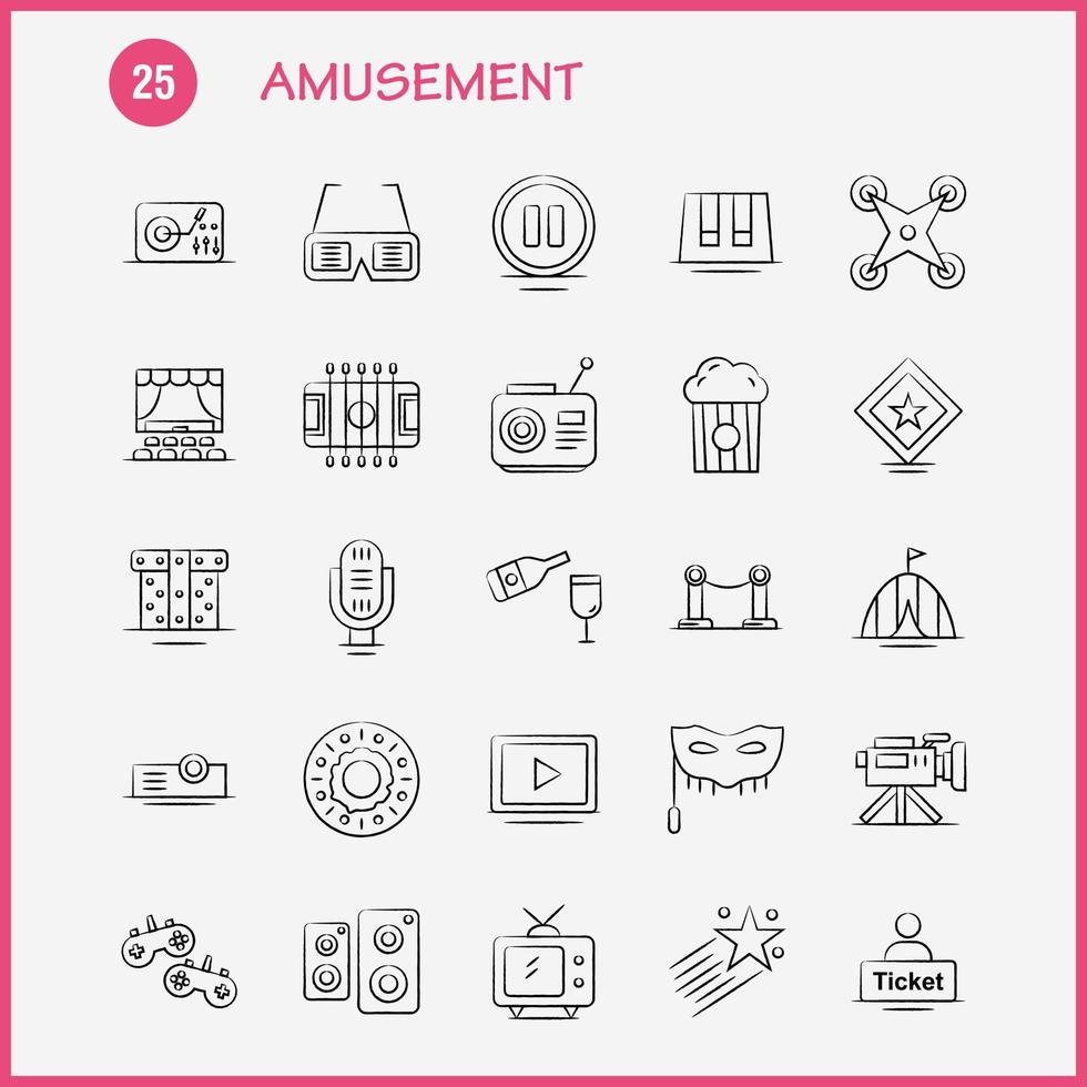 Amusement Hand Drawn Icon for Web Print and Mobile UXUI Kit Such as Ticket Sale Mane Cinema Drone Camera Video Media Pictogram Pack Vector
