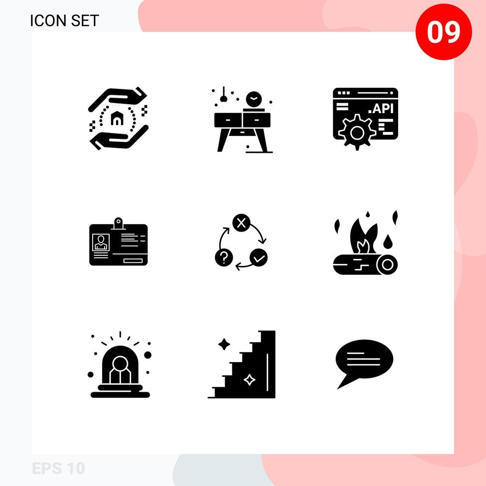 Pack of 9 creative Solid Glyphs of organization flow api concept daily identity Editable Vector Design Elements