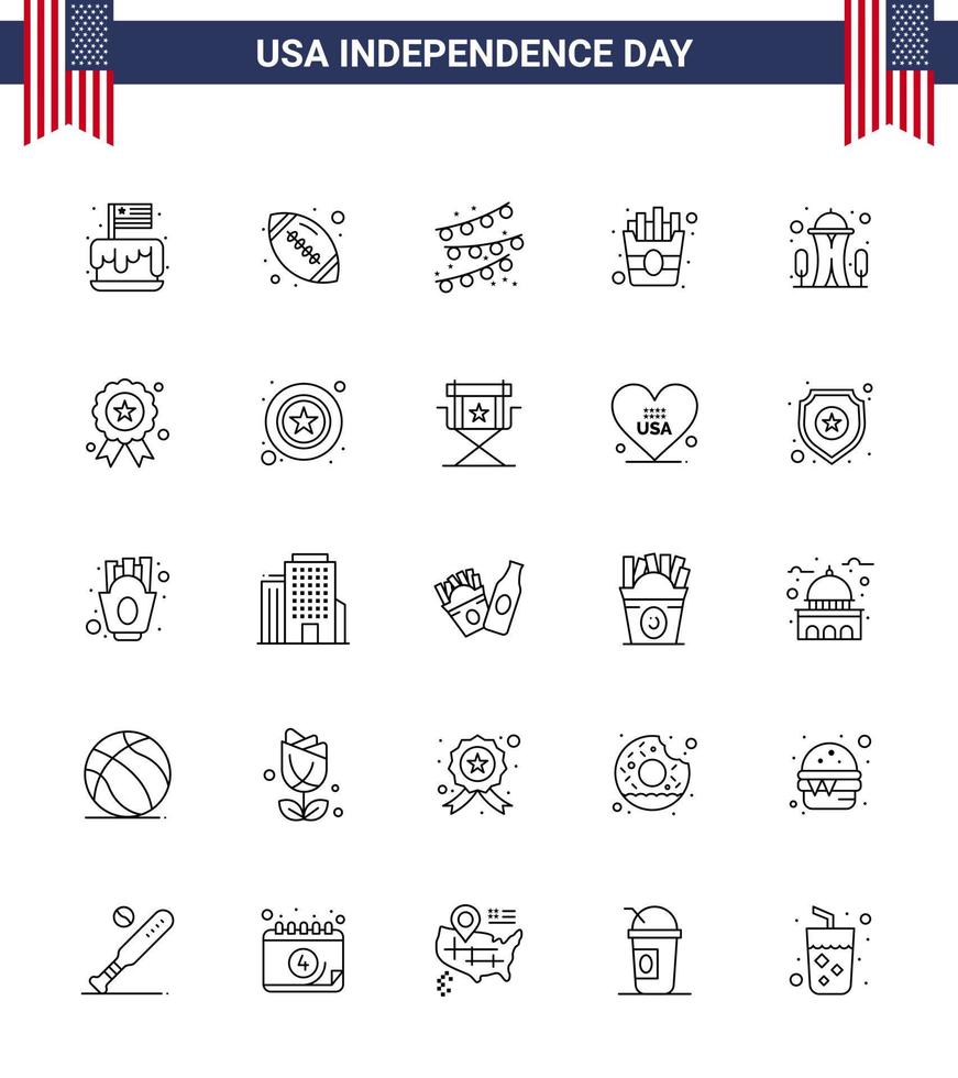 Modern Set of 25 Lines and symbols on USA Independence Day such as needle building american ball fries fast Editable USA Day Vector Design Elements