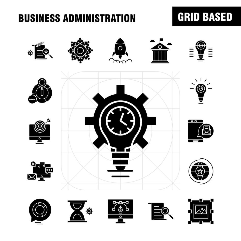 Business Administration Solid Glyph Icons Set For Infographics Mobile UXUI Kit And Print Design Include Eye Eye Ball Focus Target Chemical Bonding Chemical Eps 10 Vector