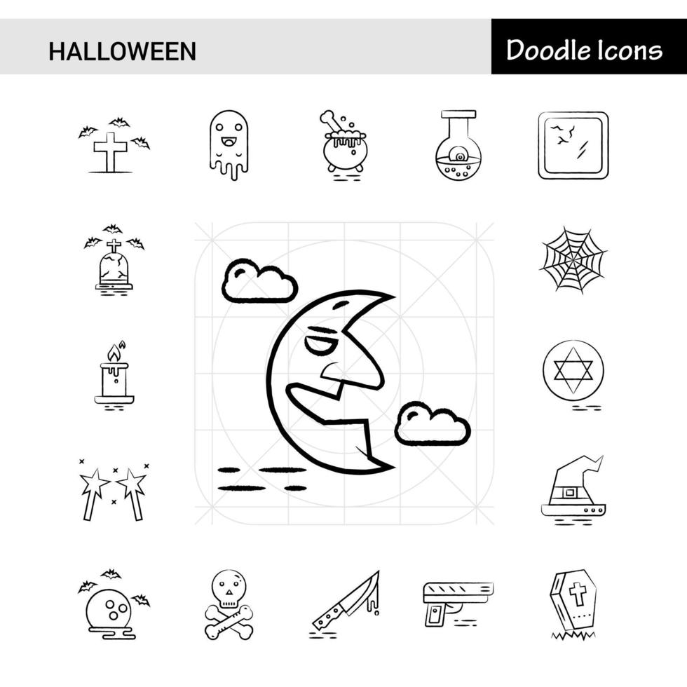 conjunto de 17 iconos dibujados a mano de halloween vector