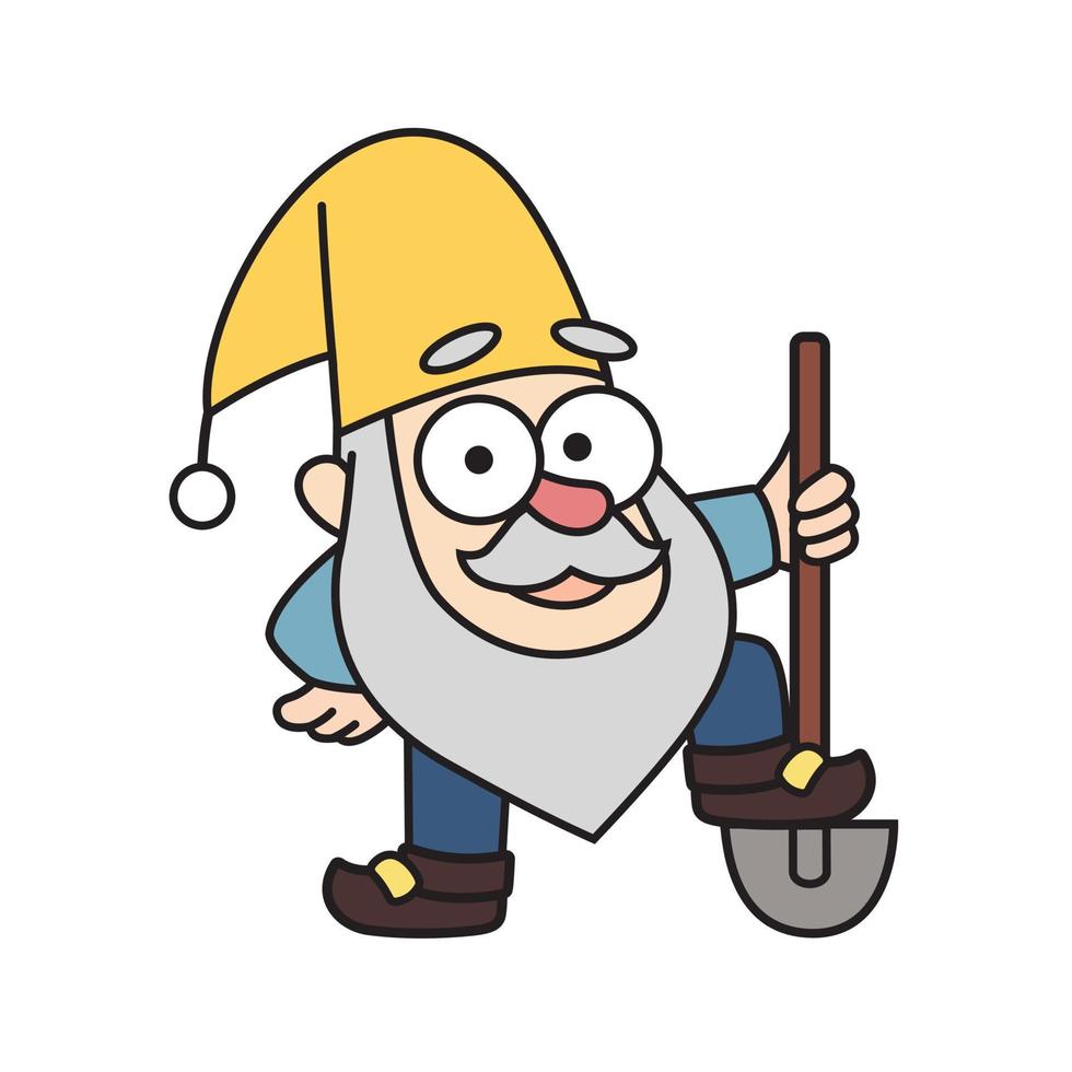 PCheerful little garden gnome, dwarf, oldman, gardener is holding a shovel in cartoon style. Colorful vector fairytale kids illustration, drawing character, mascot, sticker