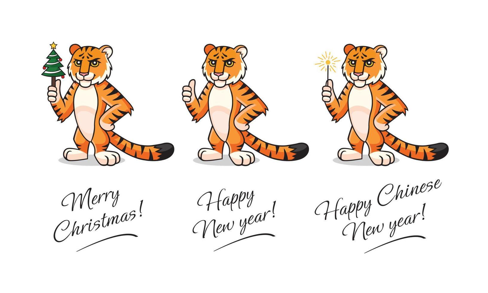 Vector Tiger set. Character, mascot, symbol, sign of Chinese New year. Tiger is holding in hand christmas tree, sparkler, showing thumb up. Happy Chinese New Year, Merry christmas lettering.