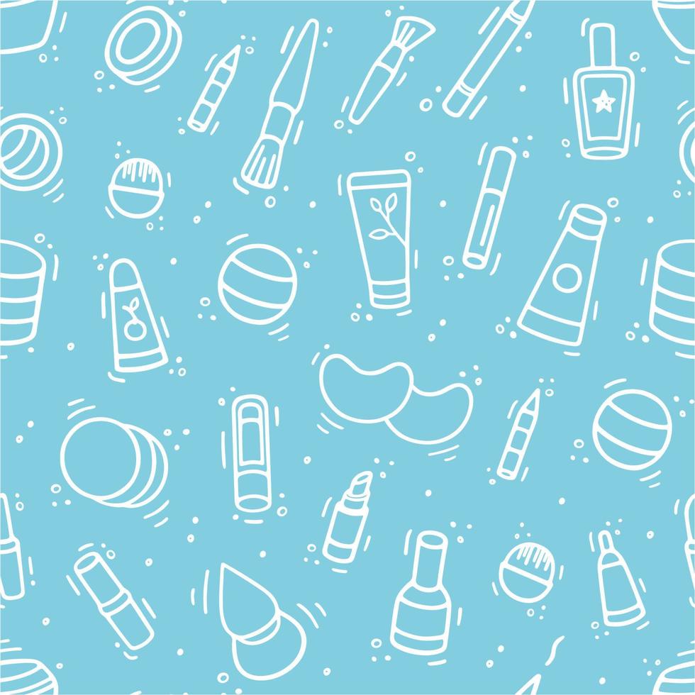 Cosmetics collection seamless pattern. Comic doodle sketch style. Vector Hand drawn Cosmetics collection illustration. Sketch of cosmetic items.