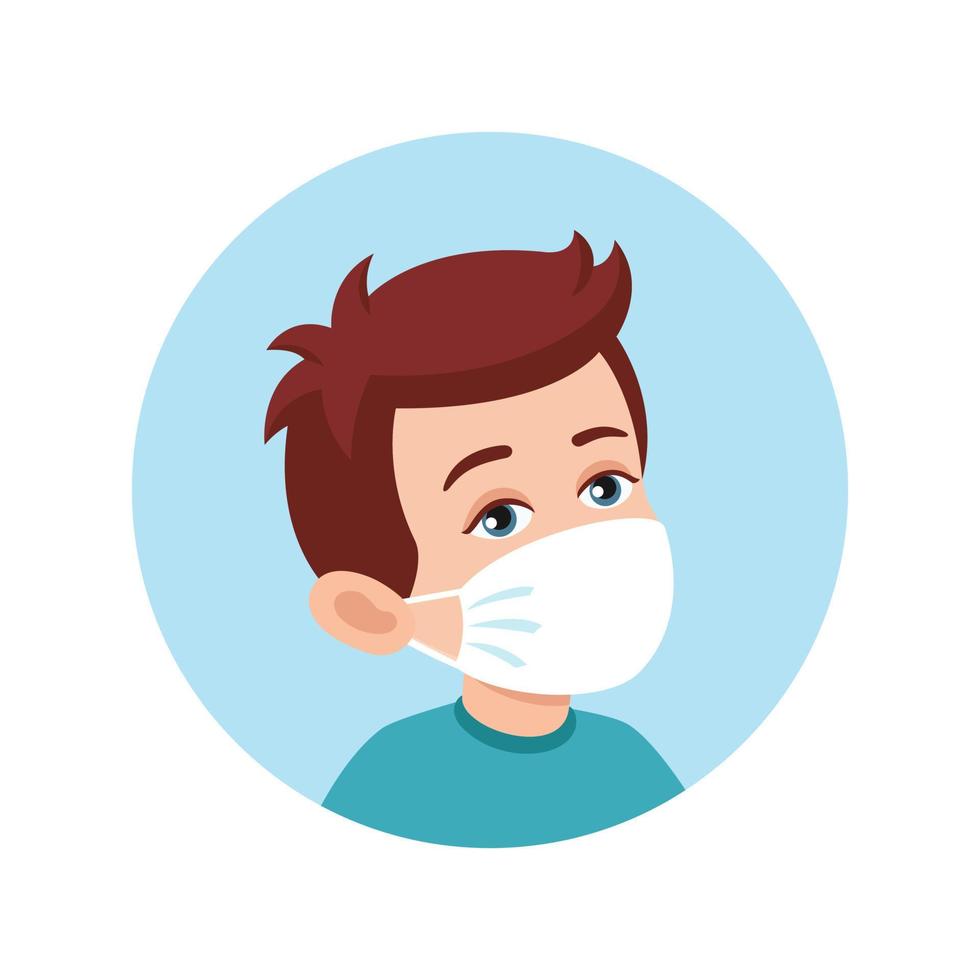 Avatar child boy with and without medical mask. Mask required. No entry without wearing medical mask. Flat style vector illustration