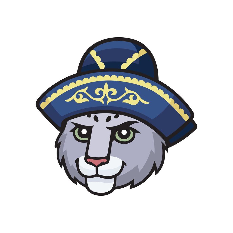 Snow leopard, irbis head with kazakh national hat. Vector cartoon comic doodle illustration, mascot, character, icon, logo of leopard animal face. Symbol of Kazakhstan