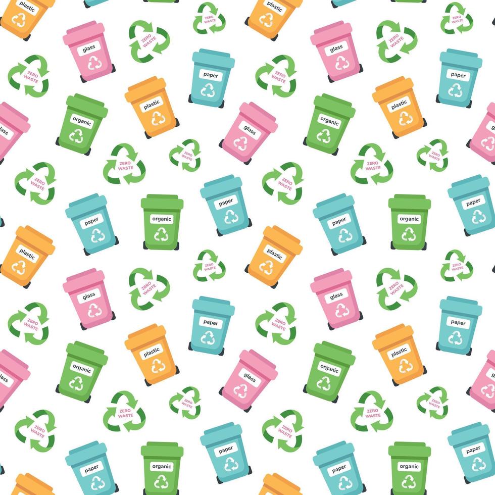 Zero waste concept seamless pattern with garbage bins and recycling sign. Sustainable lifestyle, ecological concept. Vector illustration in cartoon style