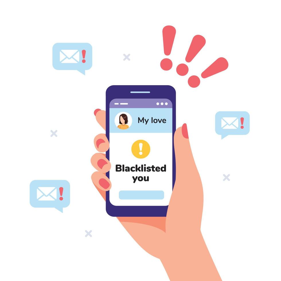 Woman's hand holds a smartphone. Vector flat digital illustration. Blacklisting concept. Girlfriend suddenly added you to the blacklist. Message sending is not possible. Narcissist's manipulation